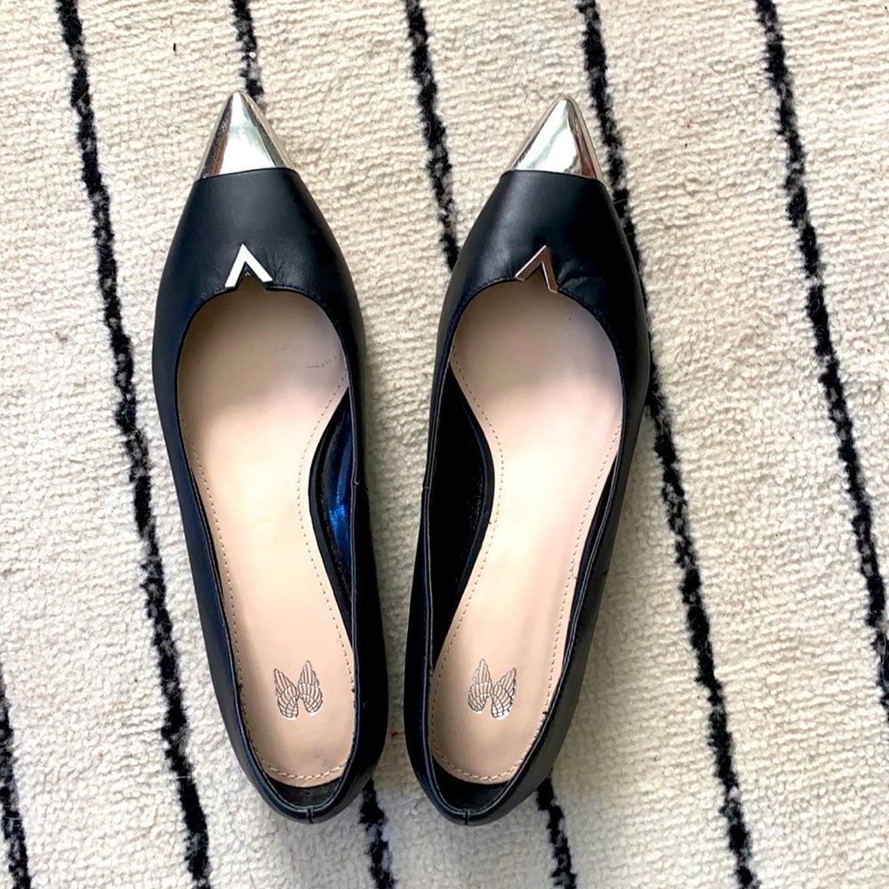 Black Leather Pointed Ballet Flats with Metal Toe